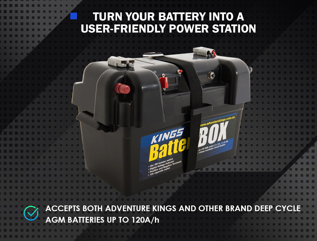 Kings Battery Box Portable 12V 2x USB & Cig Socket Fits Most DeepCycle